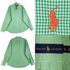 Polo Ralph Lauren Shirt Oxford Button Down Green Gingham Plaid LS Size XL